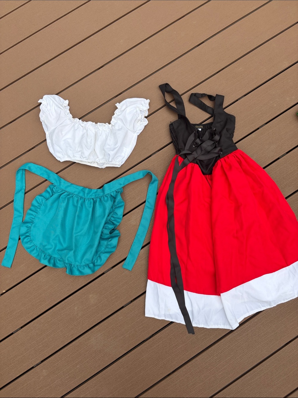 Women's Red & Black Peasant Dress Costume with White Crop Top and Teal Apron